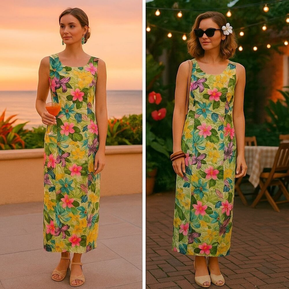 Maggie London Woman Floral Silk Maxi Dress Size 12 Tropical Resort Vacation